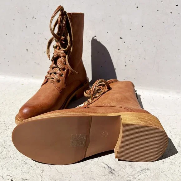 BEAST FASHION Tan Leather Combat Boots - Picture 6 of 13